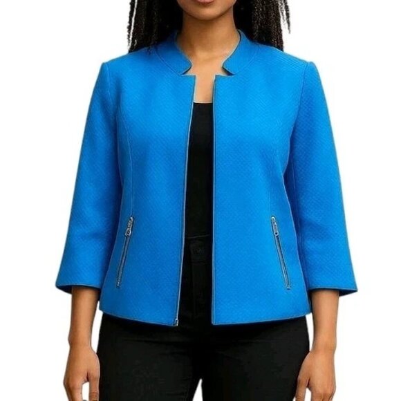 Kasper Blazer Size 20 Blue Open Front Zip Pockets Textured Slit Cuffs Mock Neck - Picture 1 of 11
